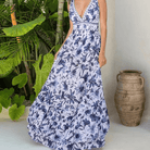 Mason Luxor Men Fashion Mason | Blue and White V Neck Lace Up Strip Plant Prints One Piece Swimsuit and Skirt/Sarong