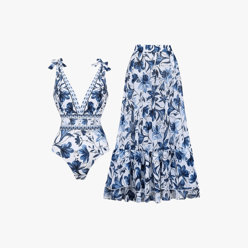 Mason Luxor Men Fashion Mason | Blue and White V Neck Lace Up Strip Plant Prints One Piece Swimsuit and Skirt/Sarong