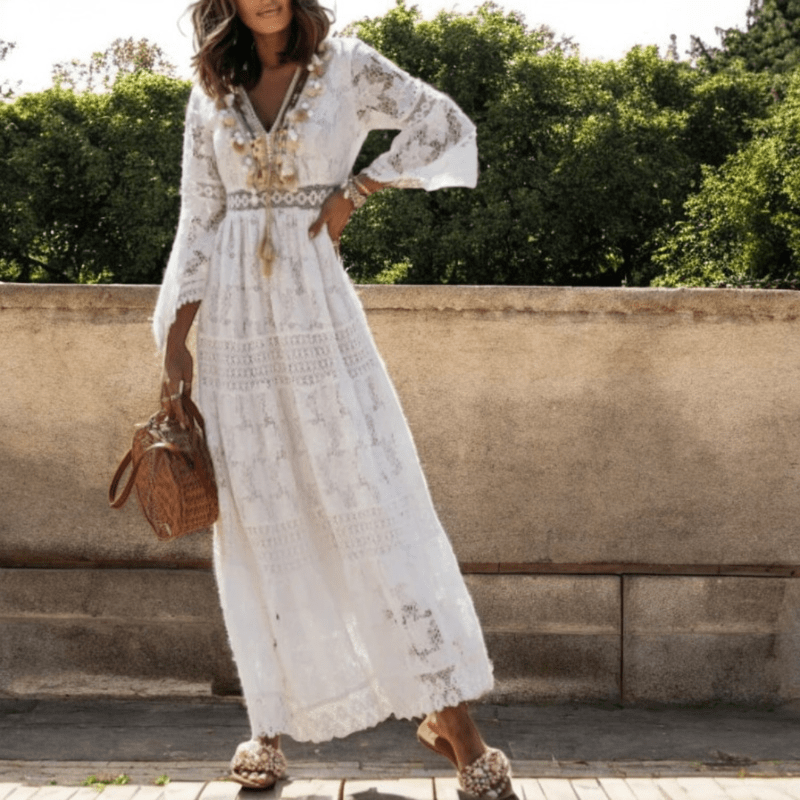 Mason Luxor Men Fashion Mason | Boho White Lace Maxi Dress – Holiday & Beach Style
