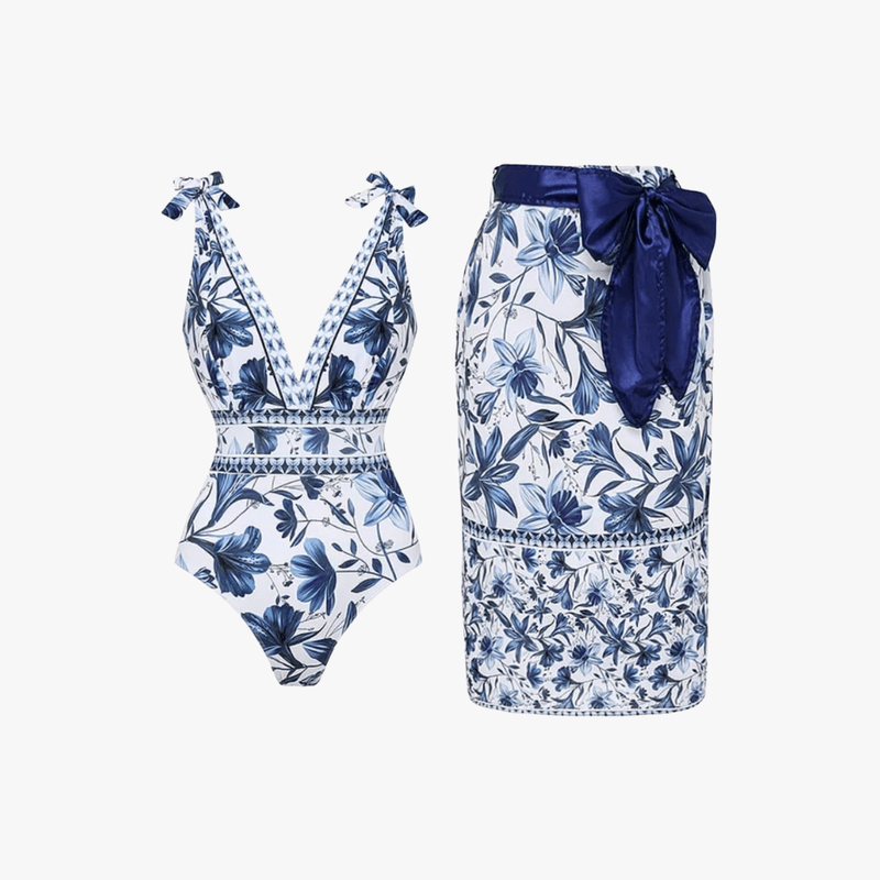 Mason Luxor Men Fashion Mason | Blue and White V Neck Lace Up Strip Plant Prints One Piece Swimsuit and Skirt/Sarong