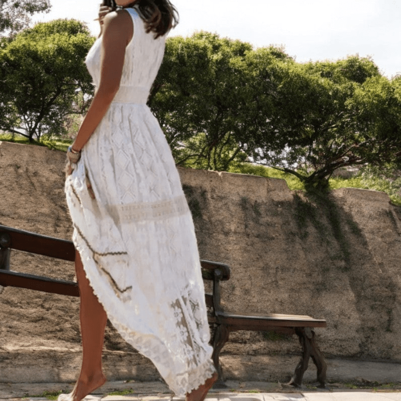 Mason Luxor Men Fashion Mason | Boho White Lace Maxi Dress – Holiday & Beach Style