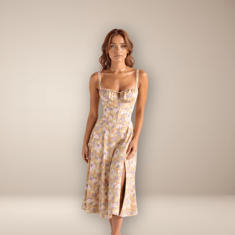 Mason Luxor Men Fashion Mason | Women Midi Dress Soft Pastel Garden Party Dress – Elegant Floral Print