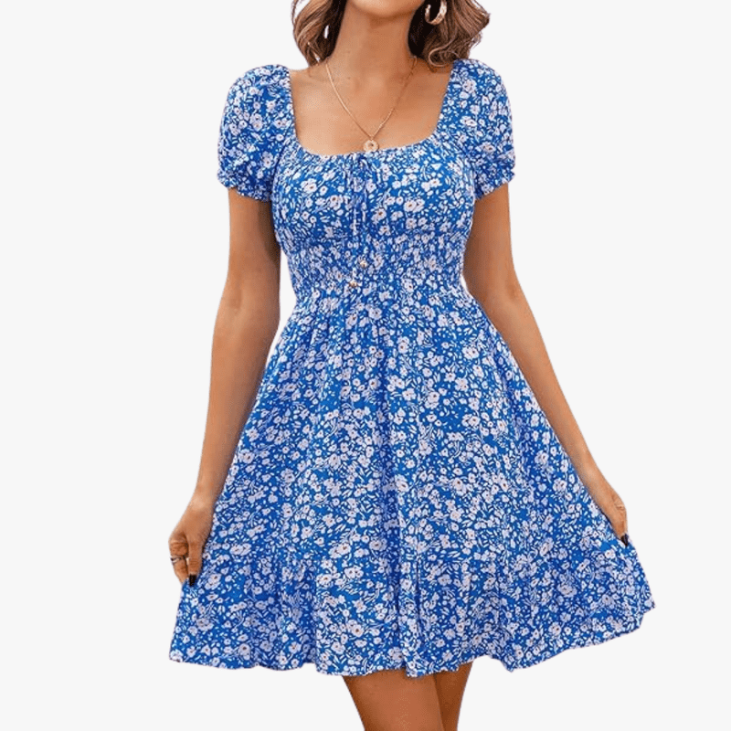 Mason Luxor Men Fashion Mason | Womens Summer Casual Sweetheart Neckline Puff Sleeve Floral Print High Waist Dress Boho Beach Mini Short Dresses