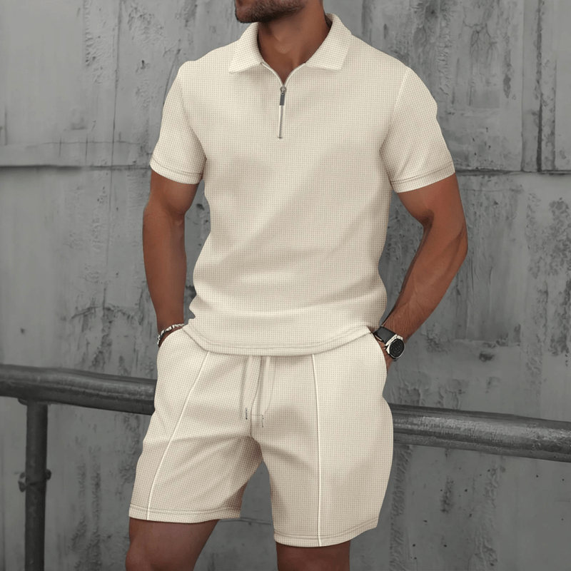 Mason Luxor Men Fashion Mason | Men Soft Waffle Knit Summer Co-ord – Lightweight Matching Polo Shirt & Shorts