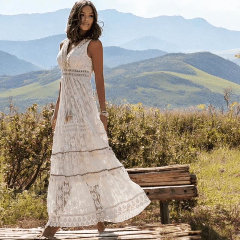 Mason Luxor Men Fashion Mason | Boho White Lace Maxi Dress – Holiday & Beach Style