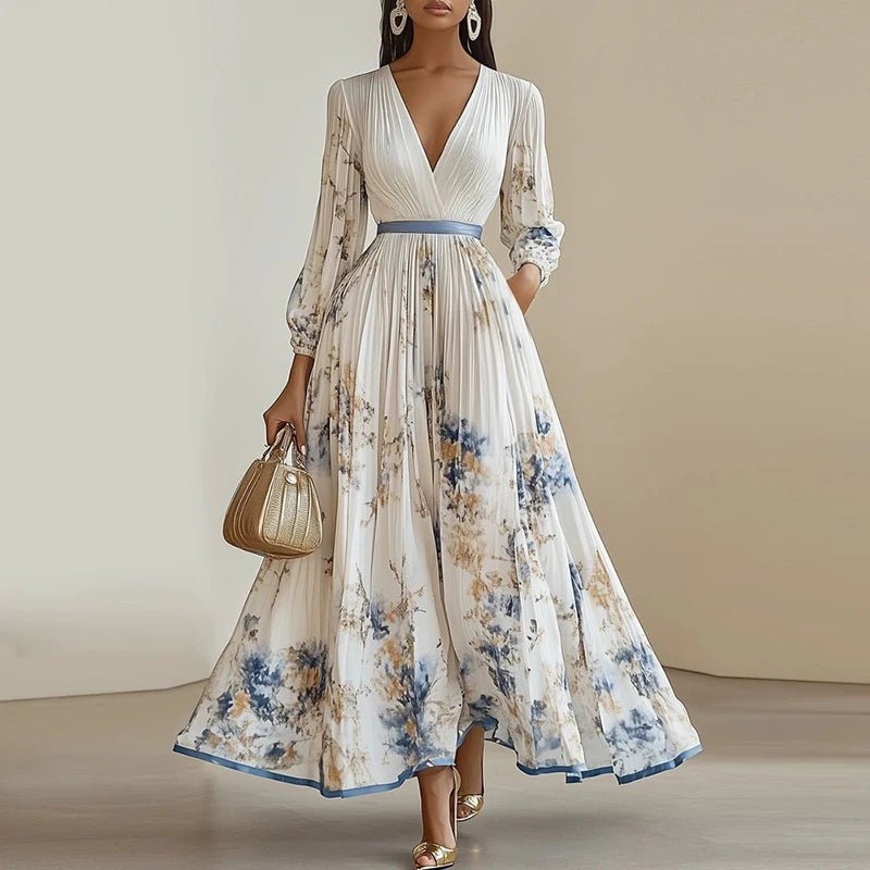 Mason | Women's Elegant Pleated Floral Maxi Dress – Long Sleeve V - Neck Gown - Mason Luxor Men Fashion