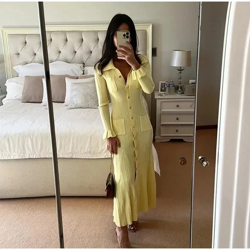 Mason | Chic Ribbed Button - Up Dress Long Sleeve – Yellow Knit Midi - Mason Luxor