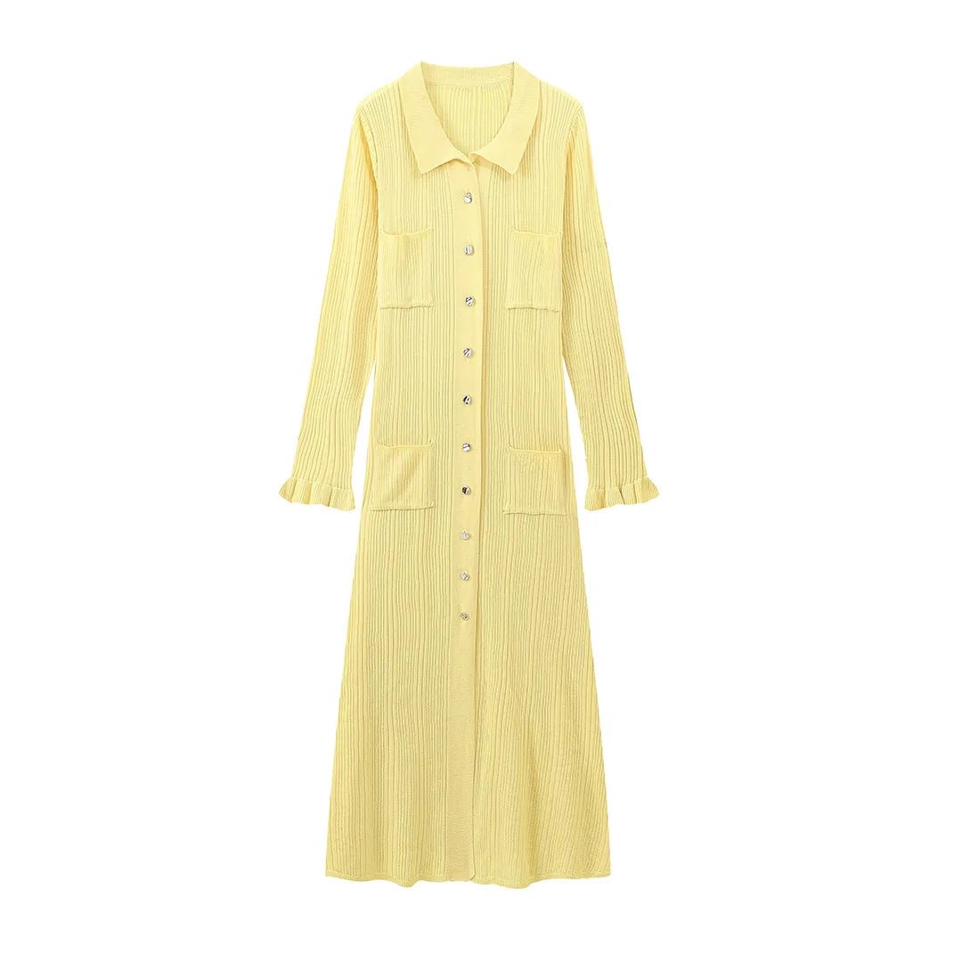 Mason | Chic Ribbed Button - Up Dress Long Sleeve – Yellow Knit Midi - Mason Luxor