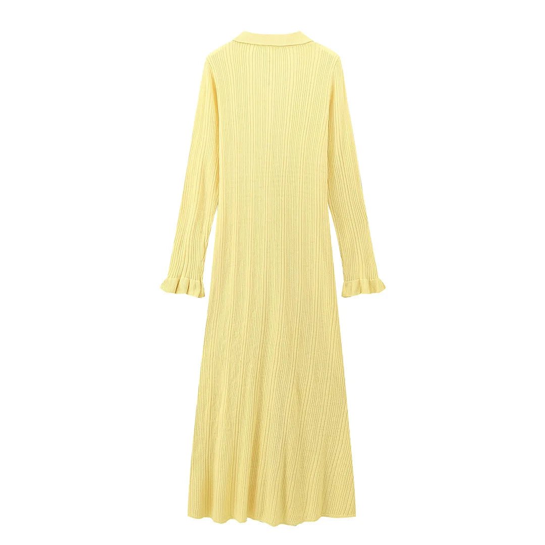 Mason | Chic Ribbed Button - Up Dress Long Sleeve – Yellow Knit Midi - Mason Luxor