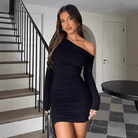 Mason | Women Off Shoulder Mini Dress Ruched Long Sleeve Bodycon Dress Sexy Party Dress Going Out Clubbing - Mason Luxor Men Fashion