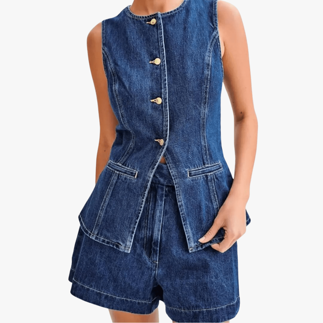 Mason | Women’s 2 - Piece Denim Set – Sleeveless Button - Up Vest & High - Waist Shorts - Mason Luxor Men Fashion