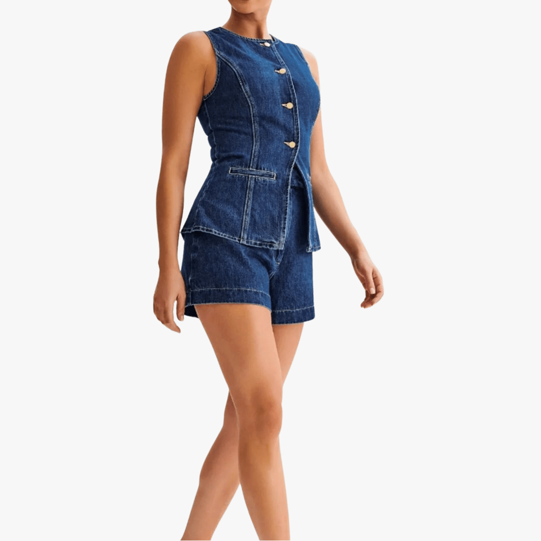 Mason | Women’s 2 - Piece Denim Set – Sleeveless Button - Up Vest & High - Waist Shorts - Mason Luxor Men Fashion