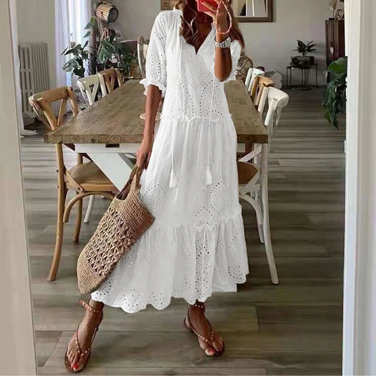 Mason | Bohemian Eyelet White Boho Dress – V - Neck Tiered Cotton Maxi - Mason Luxor
