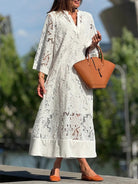 Mason | Elegant Embroidered White Boho Dress – Long Sleeve Crochet Maxi - Mason Luxor