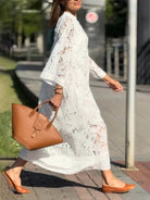 Mason | Elegant Embroidered White Boho Dress – Long Sleeve Crochet Maxi - Mason Luxor