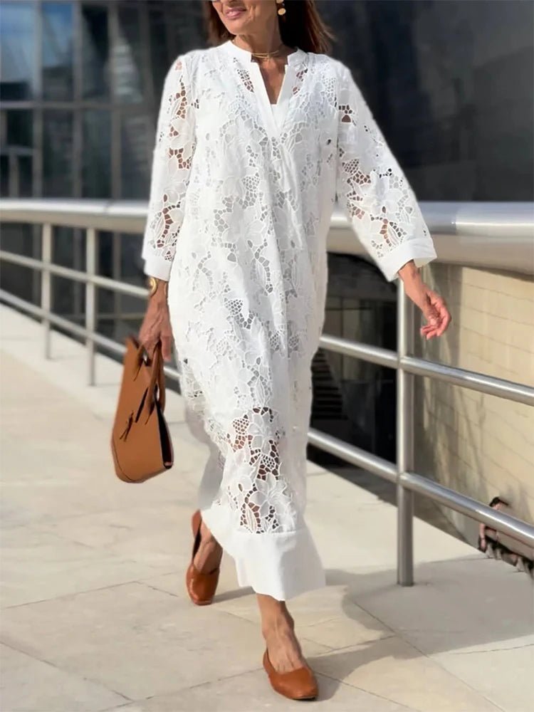 Mason | Elegant Embroidered White Boho Dress – Long Sleeve Crochet Maxi - Mason Luxor