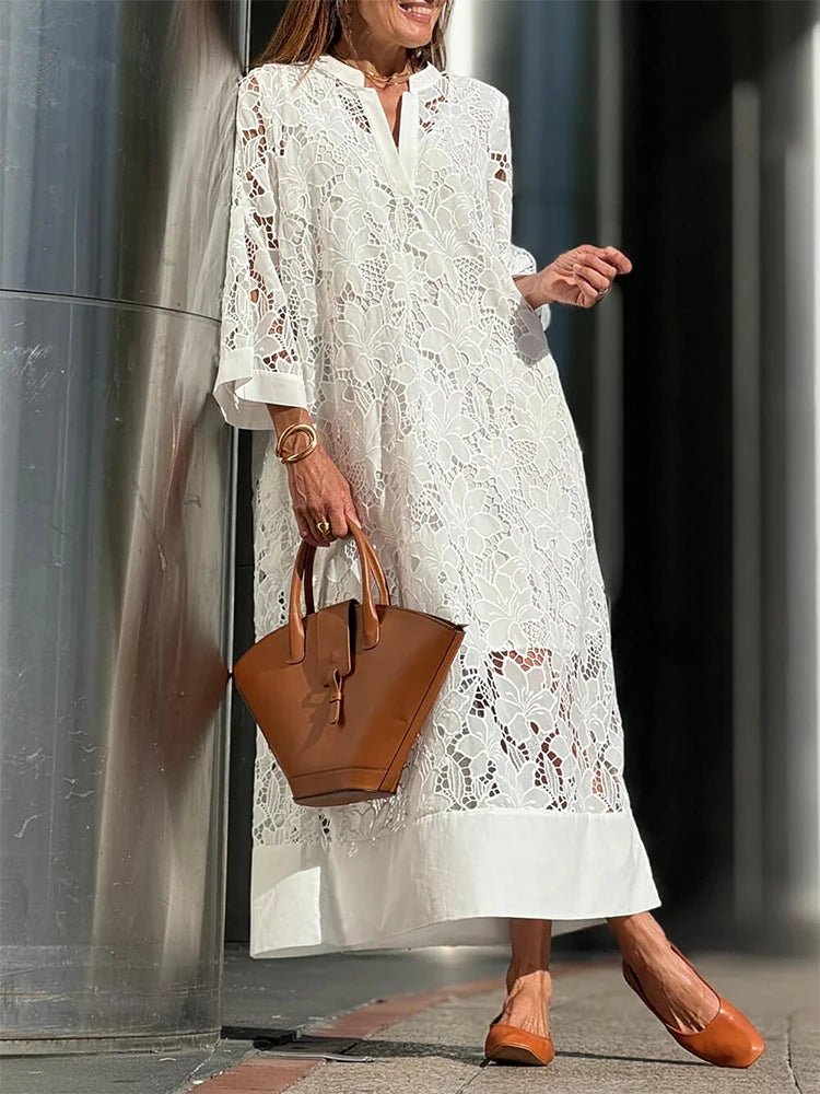 Mason | Elegant Embroidered White Boho Dress – Long Sleeve Crochet Maxi - Mason Luxor