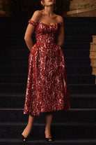 Mason | Gold & Berry Lace Off - Shoulder Midi Dress - Mason Luxor