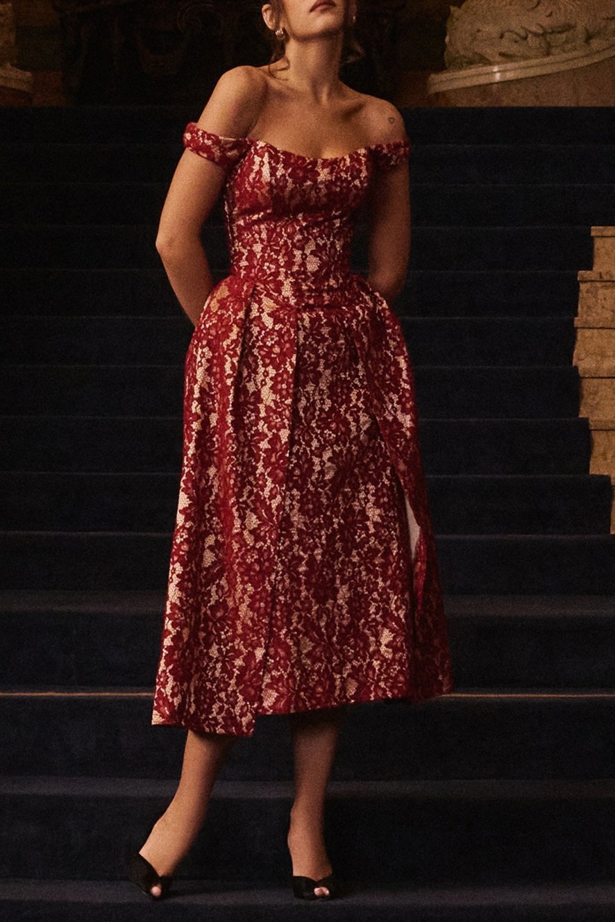 Mason | Gold & Berry Lace Off - Shoulder Midi Dress - Mason Luxor