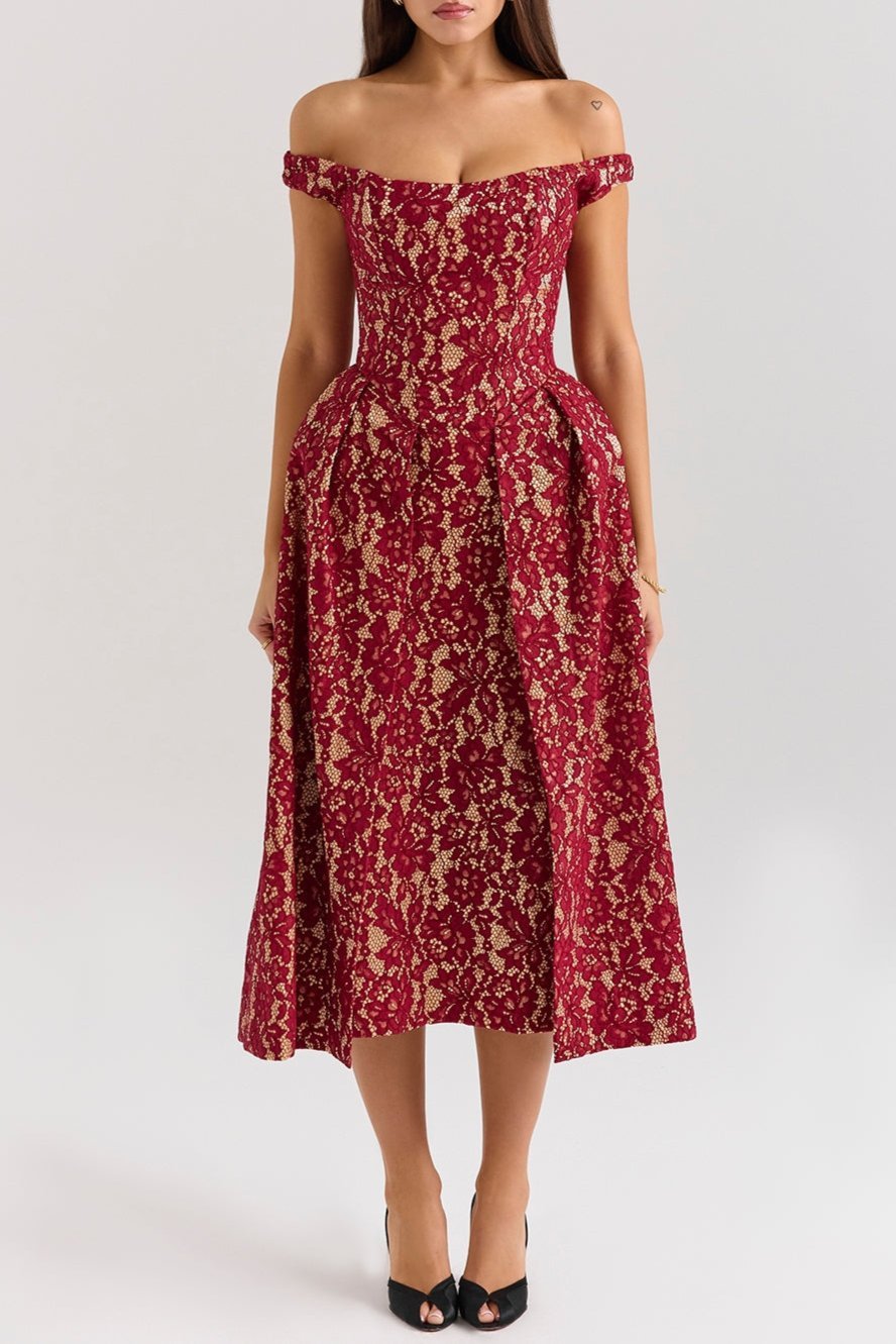 Mason | Gold & Berry Lace Off - Shoulder Midi Dress - Mason Luxor