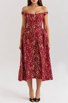 Mason | Gold & Berry Lace Off - Shoulder Midi Dress - Mason Luxor