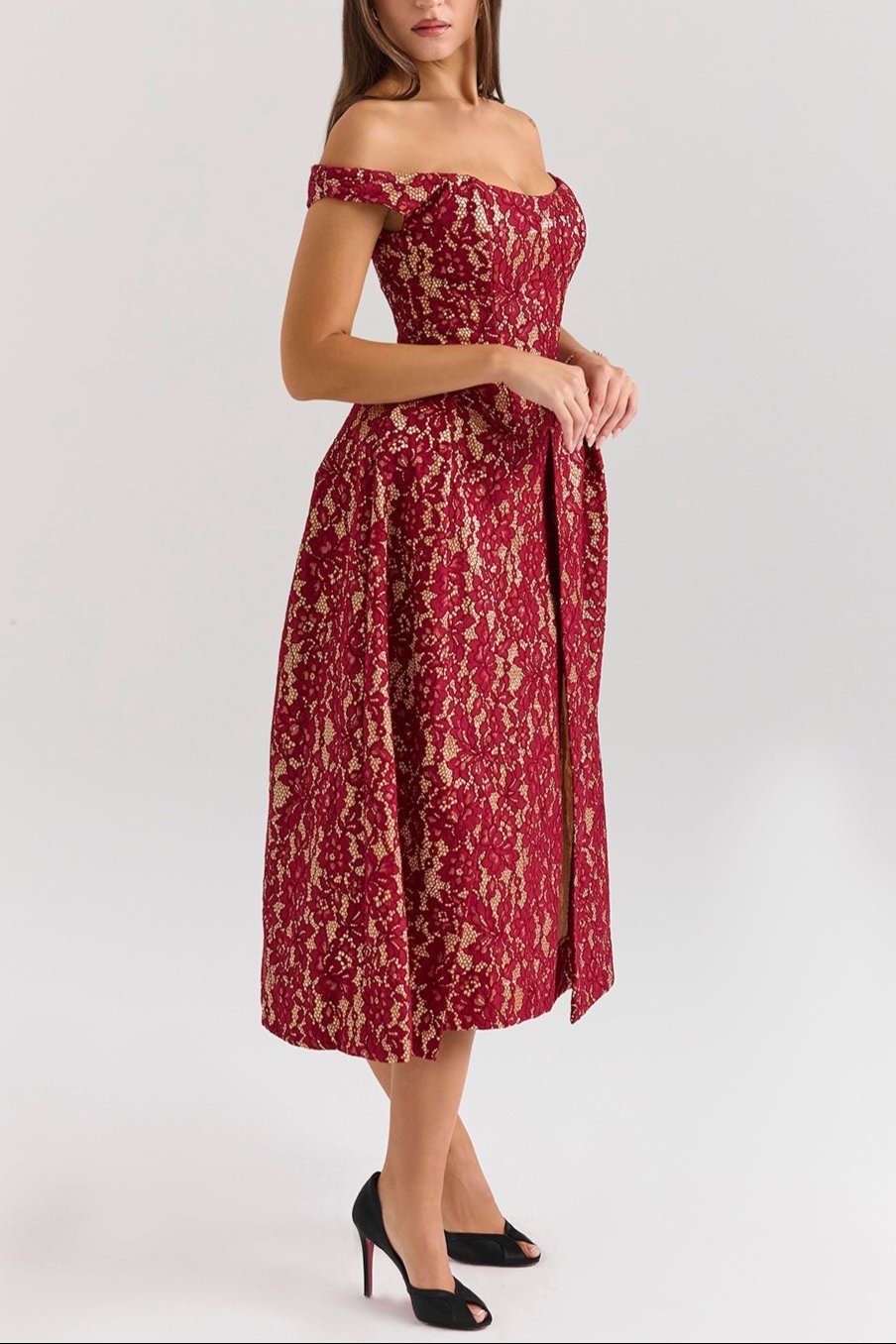 Mason | Gold & Berry Lace Off - Shoulder Midi Dress - Mason Luxor