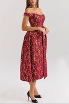 Mason | Gold & Berry Lace Off - Shoulder Midi Dress - Mason Luxor