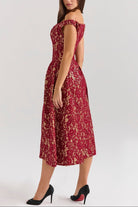 Mason | Gold & Berry Lace Off - Shoulder Midi Dress - Mason Luxor