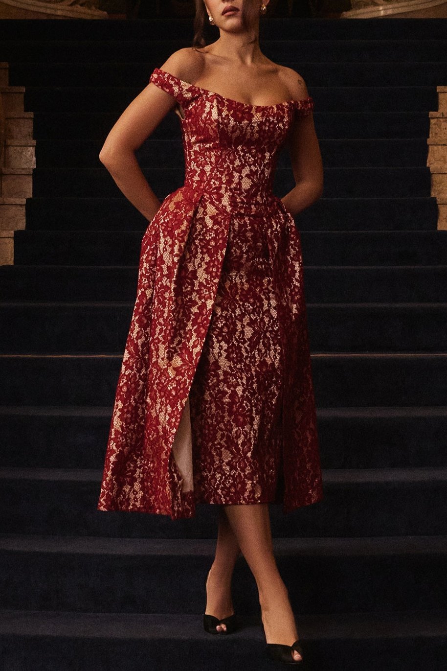 Mason | Gold & Berry Lace Off - Shoulder Midi Dress - Mason Luxor