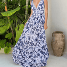 Mason | Blue and White V Neck Lace Up Strip Plant Prints One Piece Swimsuit and Skirt/Sarong - Mason Luxor Men Fashion