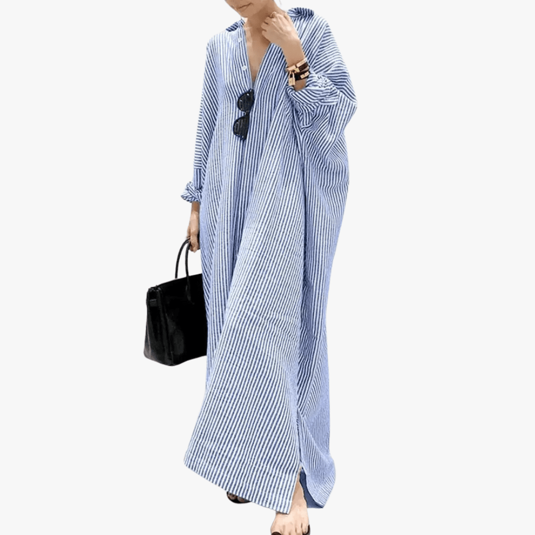 Mason | Women's Oversized Striped Cotton Kaftan Dress – Long Sleeve V - Neck Maxi - Mason Luxor Men Fashion
