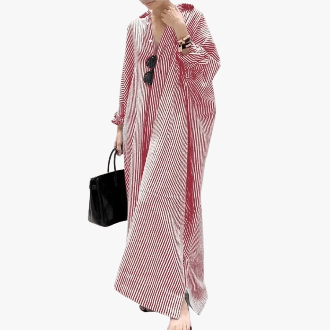 Mason | Women's Oversized Striped Cotton Kaftan Dress – Long Sleeve V - Neck Maxi - Mason Luxor