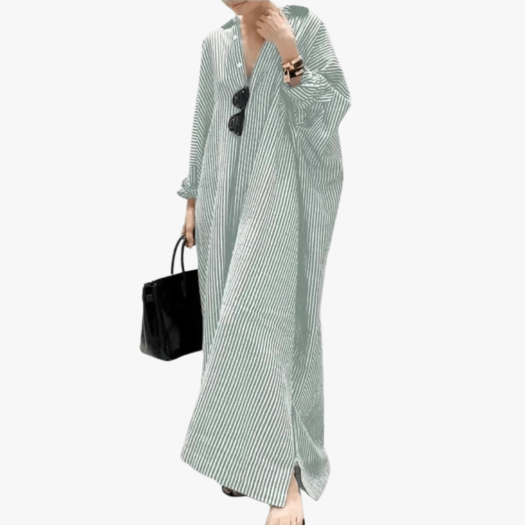 Mason | Women's Oversized Striped Cotton Kaftan Dress – Long Sleeve V - Neck Maxi - Mason Luxor