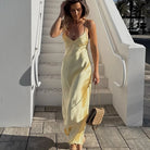 Mason | Silky Spaghetti Strap Races Dress – Satin Maxi in Yellow & Pink - Mason Luxor