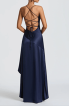 Luna | Navy Satin Dress with Slit & Corset Back - Mason Luxor