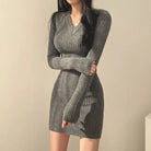 Noelle | Ribbed Knit Dress with V - Neck & Long Sleeves - Mason Luxor