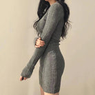 Noelle | Ribbed Knit Dress with V - Neck & Long Sleeves - Mason Luxor