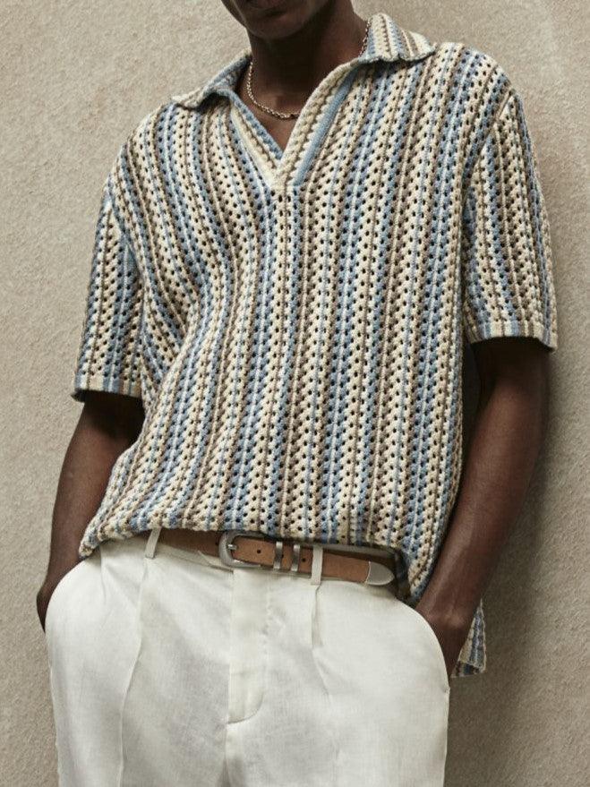 Retro Knit Polo Shirt for Men – Cotton Perforated Summer Top with Johnny Collar - Mason Luxor