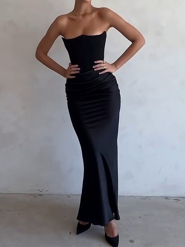 Strapless Black Evening Gown – Elegant Ruched Maxi Dress - Mason Luxor