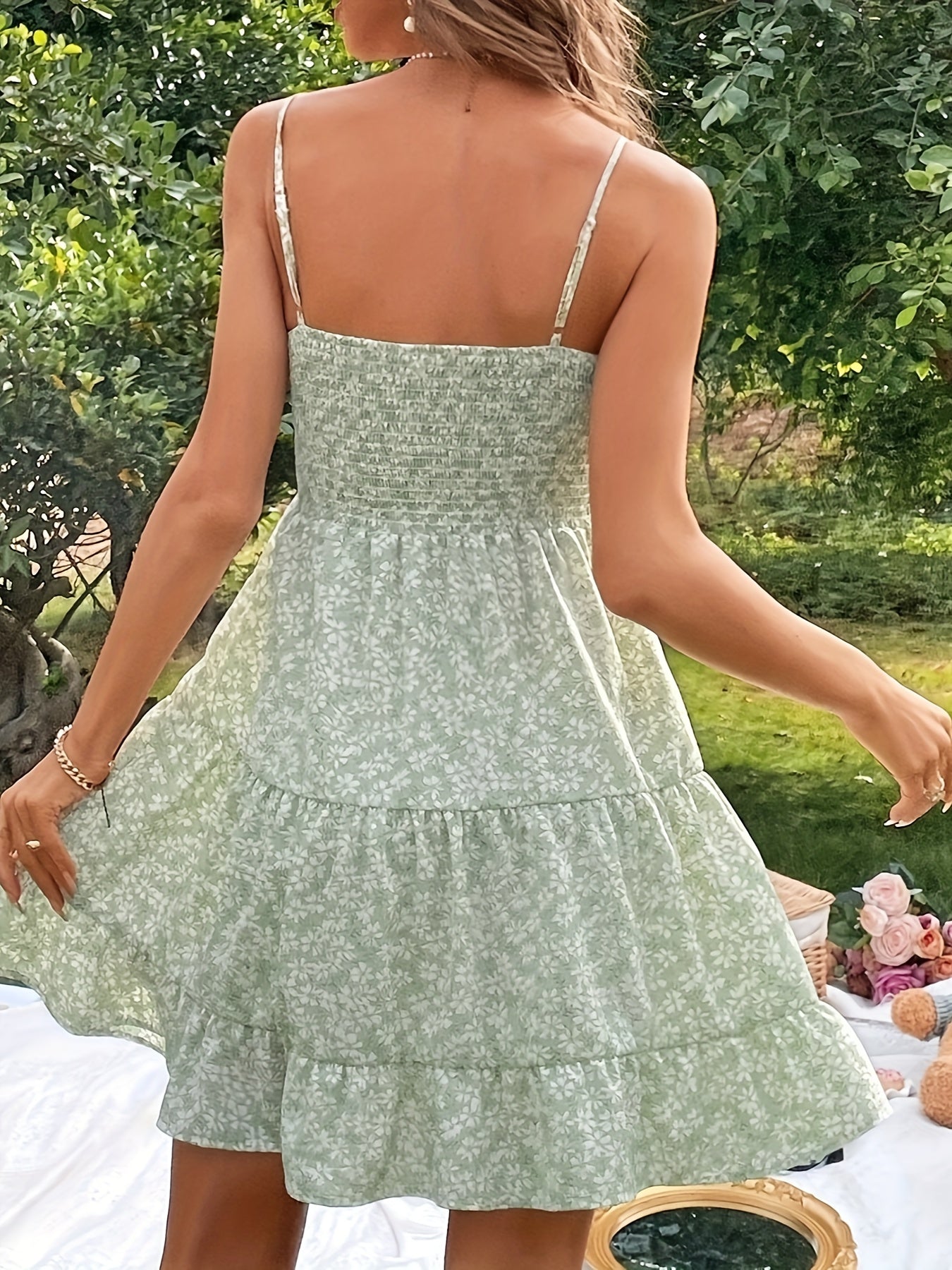 Aubrie | Green Floral Ruffle Dress – Soft Picnic Peplum - Mason Luxor