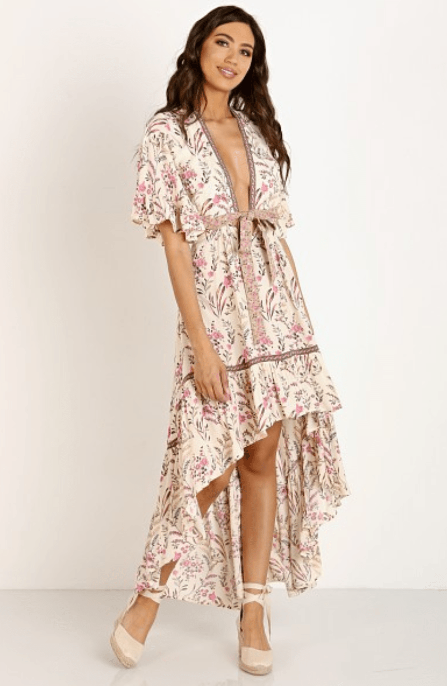 Azara | Boho High - Low Dress – Ruffle Floral V - Neck - Mason Luxor