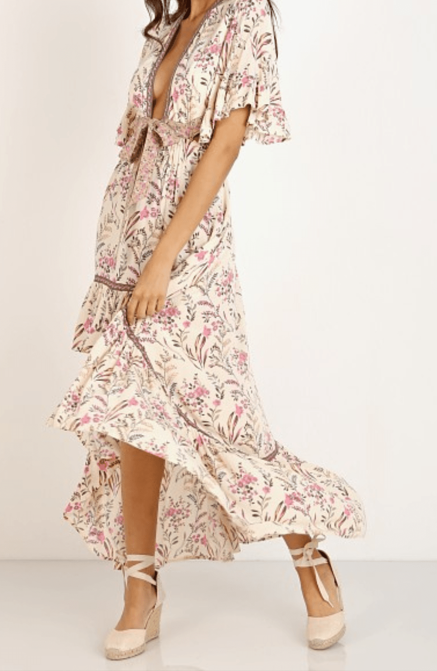 Azara | Boho High - Low Dress – Ruffle Floral V - Neck - Mason Luxor