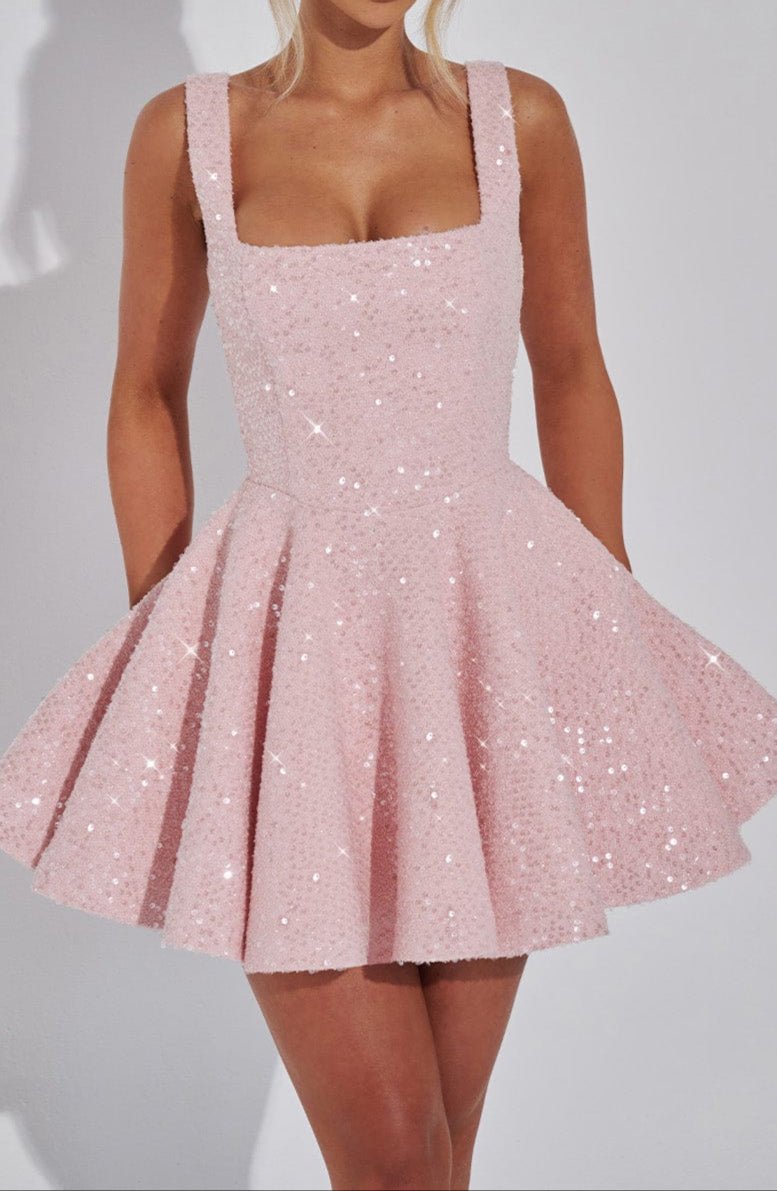 Dorothy Sequin Tweed Mini Dress – Sparkling Pink Statement with Removable Bow - Mason Luxor