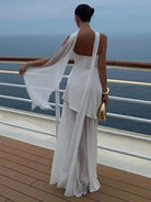 Elegant Strapless Chiffon Overlay Maxi Dress – Formal Gown with High Slit - Mason Luxor