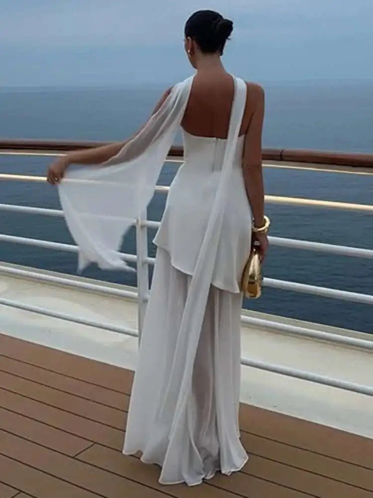 Elegant Strapless Chiffon Overlay Maxi Dress – Formal Gown with High Slit - Mason Luxor