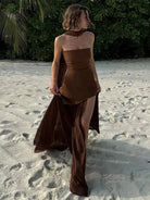 Elegant Strapless Chiffon Overlay Maxi Dress – Formal Gown with High Slit - Mason Luxor