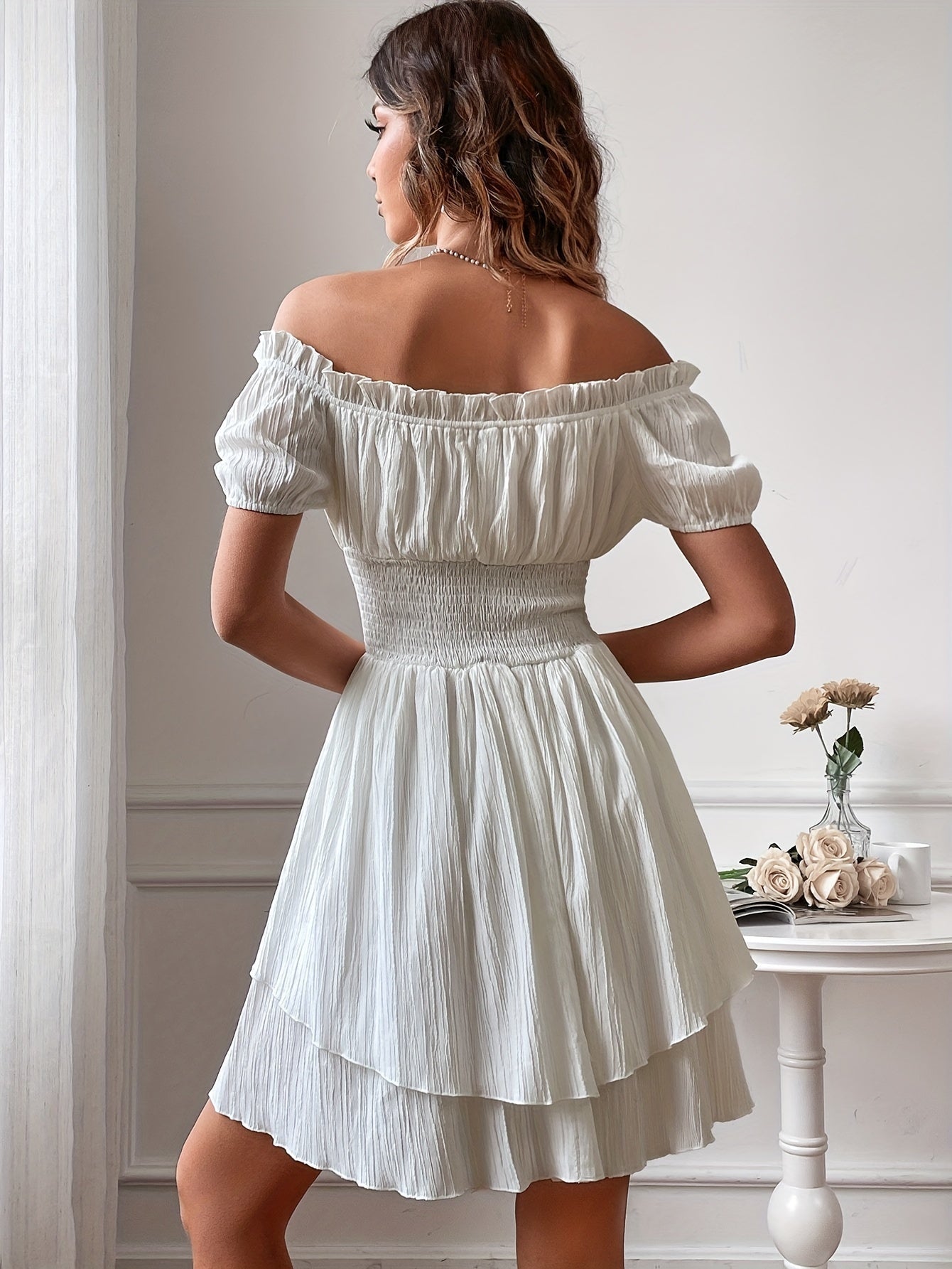 Elodie | Ruffle Mini Dress – Elegant Off Shoulder Fit - Mason Luxor