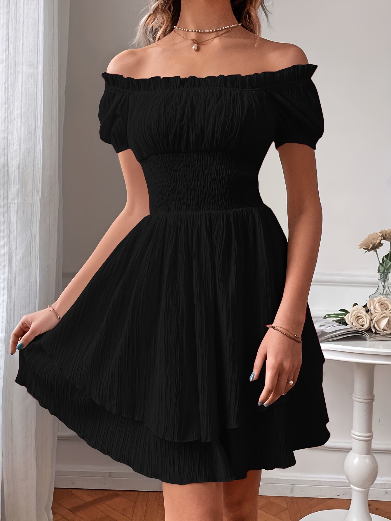 Elodie | Ruffle Mini Dress – Elegant Off Shoulder Fit - Mason Luxor