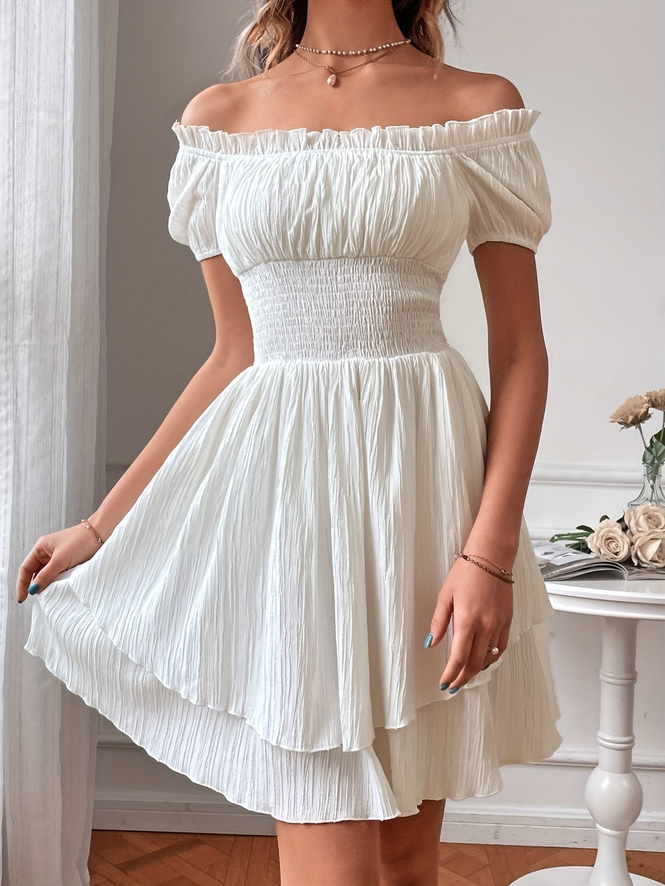 Elodie | Ruffle Mini Dress – Elegant Off Shoulder Fit - Mason Luxor