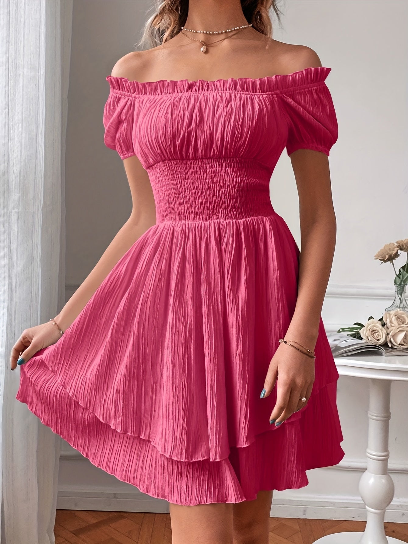 Elodie | Ruffle Mini Dress – Elegant Off Shoulder Fit - Mason Luxor